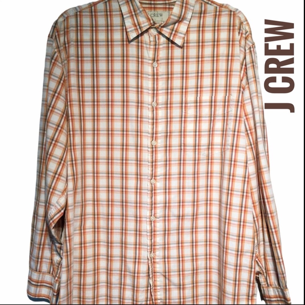 J Crew men’s shirt orange cream brown plaid long sleeves buttoned neck…
